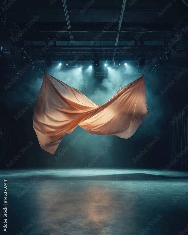 Poster ethereal stage design cinematic fabric flow capturing minimalist performance art, immersive digital 