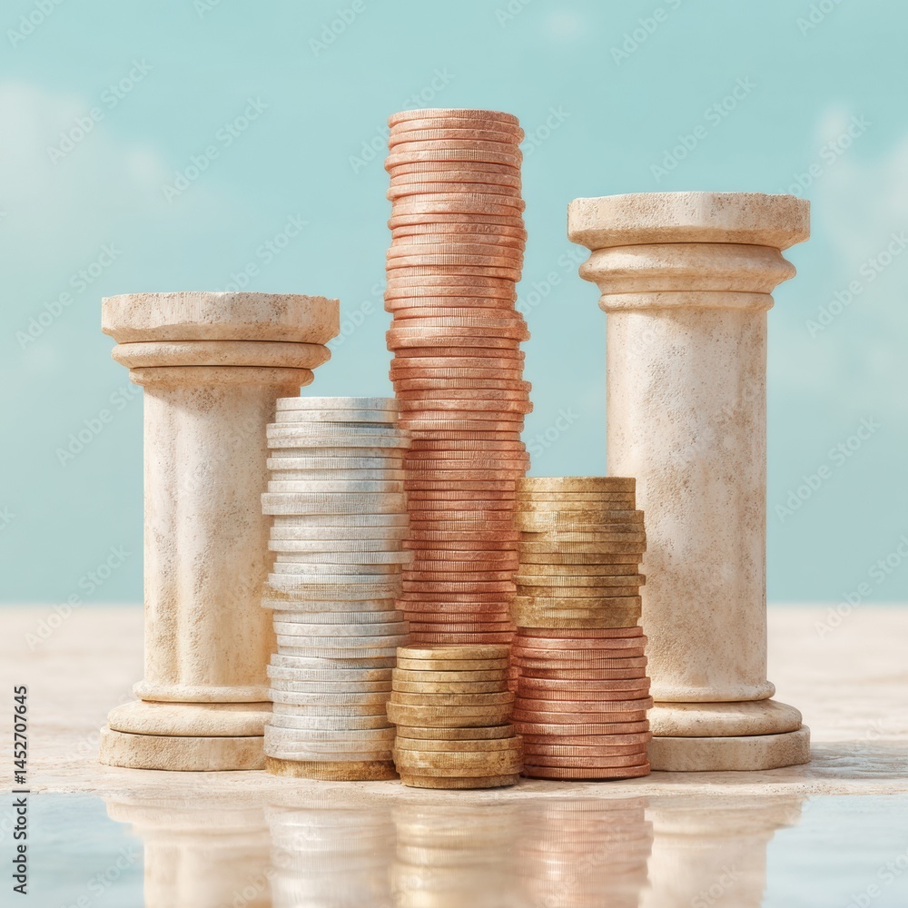 Poster Minimalist Financial Elevation Strategic Coin Stacking with Classical Architectural Pillars - Innovative Wealth Management and Investment Growth Visualization