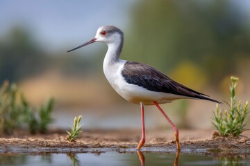 Fototapeta premium Black Winged Stilt Bird Wading Water
