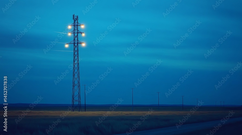 Poster A captivating image of a cell phone tower at dusk, illuminated by soft lights, creating a beautiful contrast against the darkening sky.
