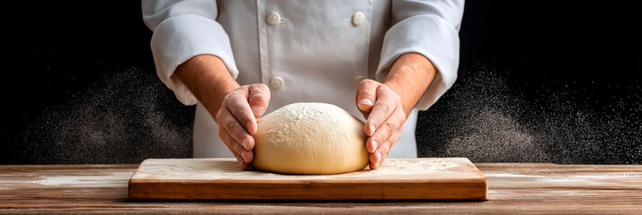 Baker in uniform shaping fresh dough on wooden board with flour particles in the air against dark background