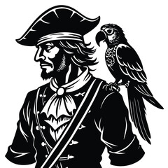 Pirate with Parrot Vector Illustration Black and White Swashbuckler Graphic Art