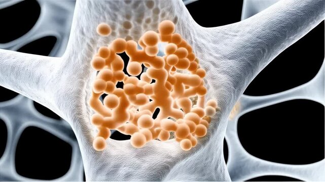 Close up of bone matrix network structure with mineral deposits in osteoporotic condition, showing bone thinning and fragility under black background