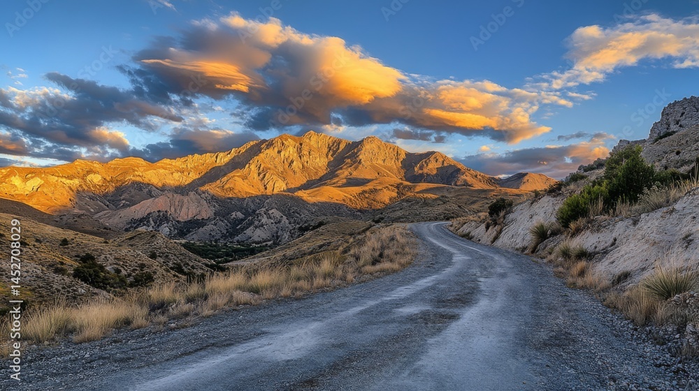 Poster a captivating image of a colorful sunset illuminating a mountain road, with shadows cast by the peak