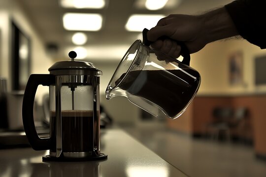 Man Pours Fresh Coffee From Glass Carafe Near French Press On Kitchen Countertop Morning Routine Home Brewing Preparation
