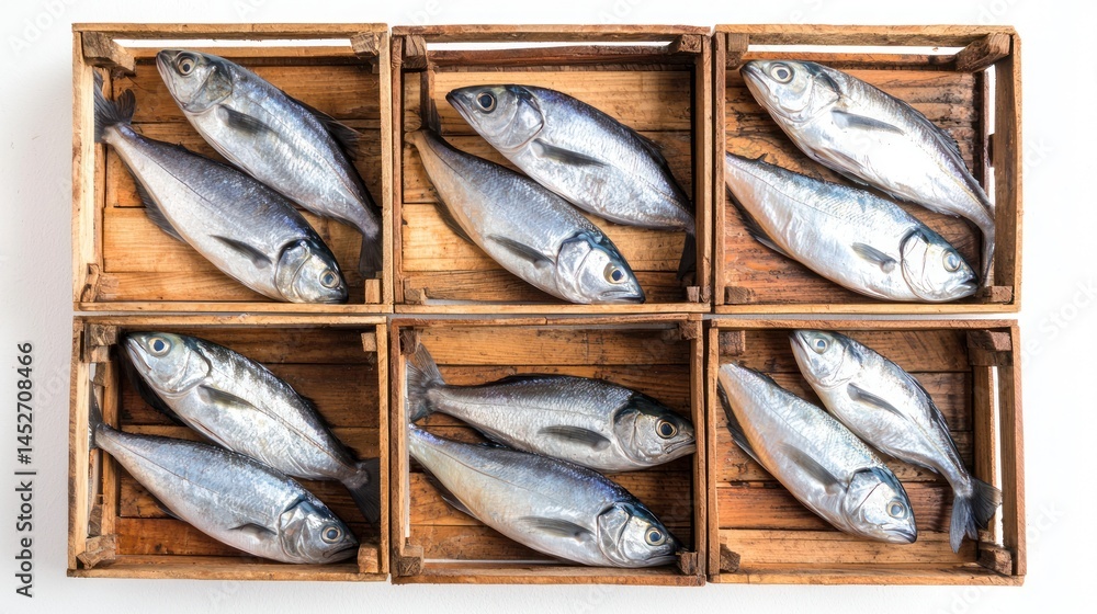 Poster set of silver-scaled fish neatly arranged in wooden crates on white background.