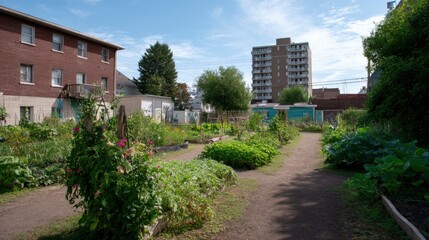 Fototapeta premium Community Garden with Plants Path and Apartment Building