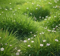 Close-up of lush green grass with delicate flowering plants, meadow, photography, living