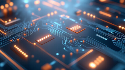Digital circuit board with glowing connections in blue tones  