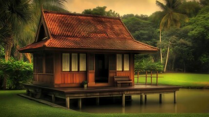 Wooden house on a pond with tropical trees