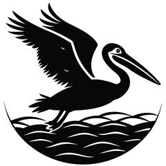 Black and White Pelican Flying Over Water Graphic Illustration Vector Image