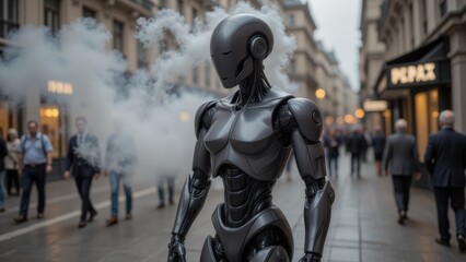 Futuristic Robot Walking Down City Street with Smoke, AI Concept
