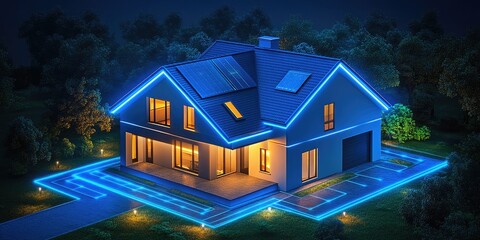 A modern smart home with solar panels and futuristic LED lighting outlining the 3d house and driveway. Suitable for real estate, home improvement, and technology blogs/sites.