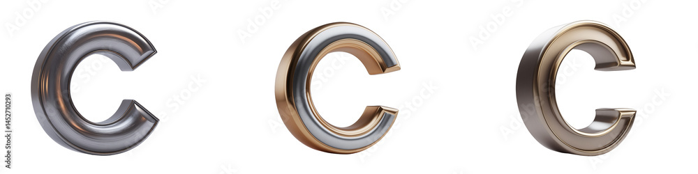 Poster three metallic c shapes in different finishes on a black background on transparent background