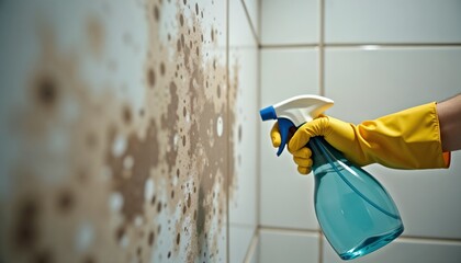 Person in yellow gloves spraying cleaner to remove mold on bathroom tiles, cleaning process
