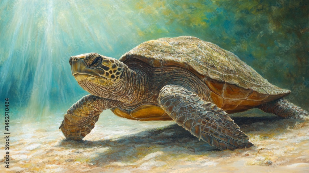 Poster A close-up of a sea turtle resting on a sandy ocean floor, with sunlight filtering through the water, illuminating its textured shell and serene expression.
