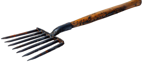 Rusty metal garden rake tool.