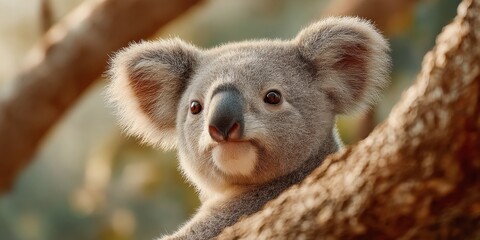 Fototapeta premium Eco-Chic Wildlife Conservation Adorable Koala Closeup Celebrating International Wild Koala Day with Soft Textural Harmony and Global Preservation Narrative