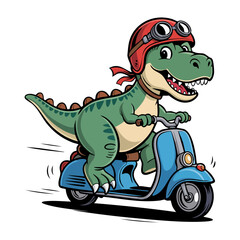 Obraz premium vintage cartoon illustration green dinosaur is riding a red scooter