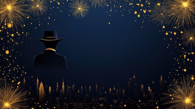 silhouette of a man in a fedora and suit on a dark blue background framed by golden fireworks and a city skyline. Ideal for websites/blogs on New Year's Eve, parties, luxury events, film noir, mystery