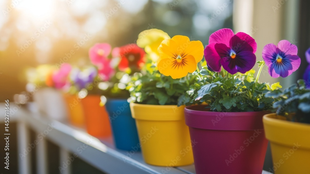 Poster a close-up of vibrant flower pots arranged on a balcony railing, with colorful blooms catching the m