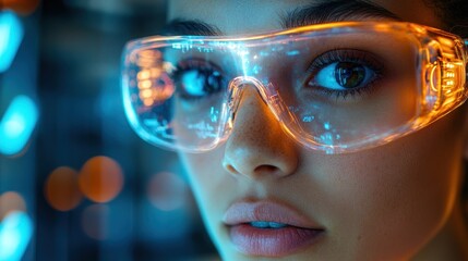 Woman wearing futuristic glasses with digital interface overlayed against a blurred background.