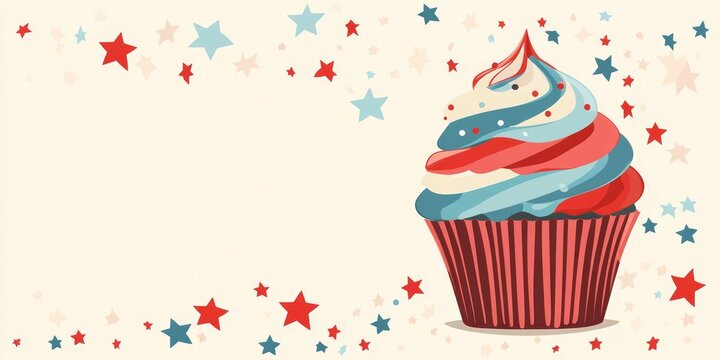 Patriotic cupcake with red, white, blue frosting on starry background. Use for 4th of July invitations, bakery ads, or holiday blogs.