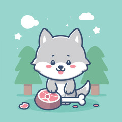 vector image of cute wolf eating meat