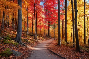 Fototapeta premium Pathway through a vibrant forest with trees displaying autumn foliage colors seen above