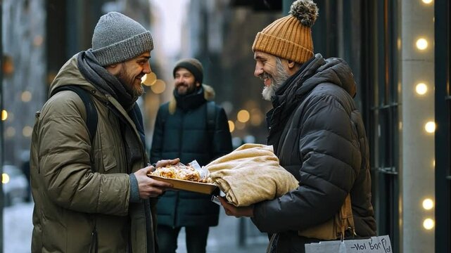 Winter Street Kindness: A heartwarming scene unfolds on a winter street as two figures engage in an act of generosity, sharing food and connection in the chill.