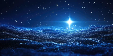 Papier peint photo Chambre de fille dazzling bright star shines over a shimmering blue, textured landscape under a starlit night sky, evoking wonder and peace. Ideal for holiday, spiritual, or celestial-themed content.  © German