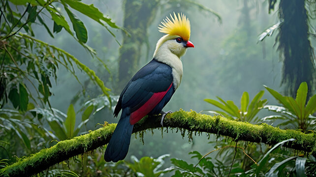 A regal white-crested turaco perched on a moss-covered branch in a misty rainforest