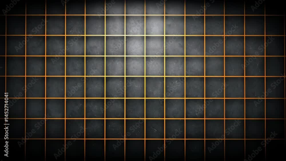 Poster abstract dark textured square tile pattern with illuminated orange grid lines creating a modern geom
