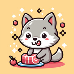 vector image of cute wolf eating meat