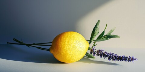 Minimalist floral still life with one lemon and a sprig of lavender © Pech
