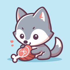 Obraz premium vector image of cute wolf eating meat