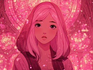 Pink-hued, thoughtful female figure in a stained-glass setting.