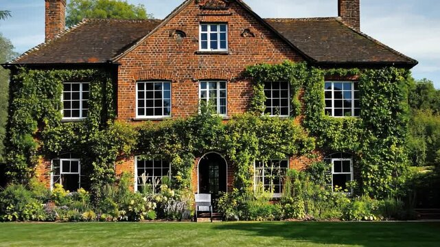 Elegant Residence: An architectural masterpiece of brick, enveloped in flourishing greenery, showcasing timeless design, offering a visual experience that intertwines nature with sophisticated living.