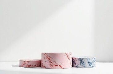 Empty display scene presentation for product placement. Marble Podium stand. Space for text. Pink and blue template. Perfect mock up, showcase a product. Copy space, white background with shadows.