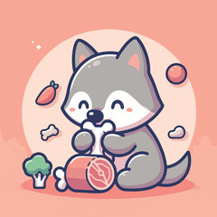 Fototapeta premium vector image of cute wolf eating meat