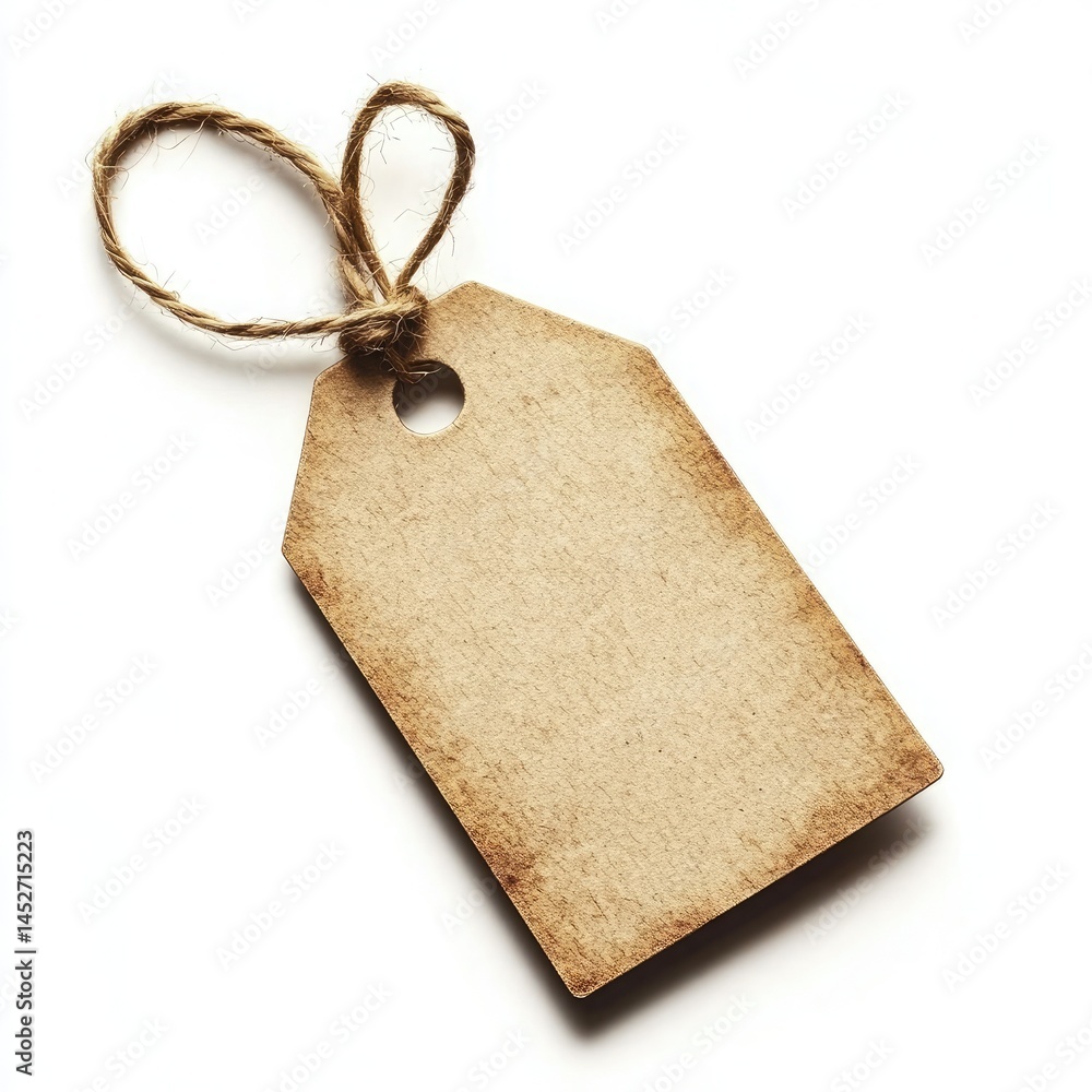 Poster blank brown paper tag with jute string on white background for pricing or labeling