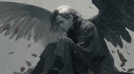 Melancholy figure with large dark wings in a somber pose.