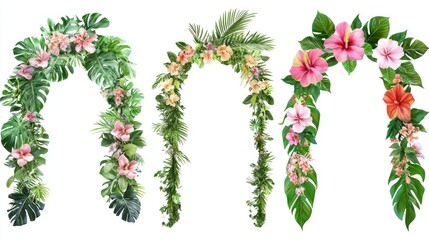 Set of wedding arches with tropical flowers like hibiscus and palm leaves on a white background
