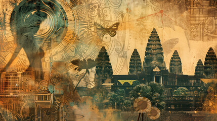 Cambodia collage: Angkor Wat, apsara dancers, traditional silk weaving, lotus flowers, Khmer architectural patterns, golden and green hues