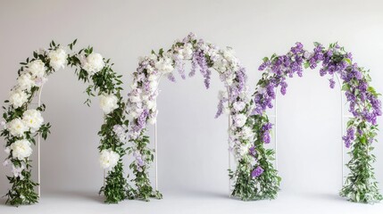 Set of wedding arches with white peonies and purple lilacs on a white background