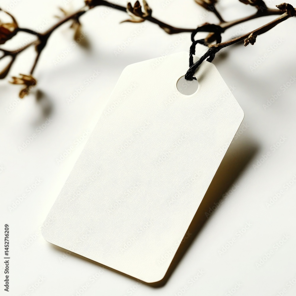 Poster blank white paper tag with black string attached to a branch on white surface