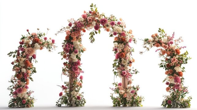 Set of wedding flower arches featuring a layered structure with mixed flowers on a white background
