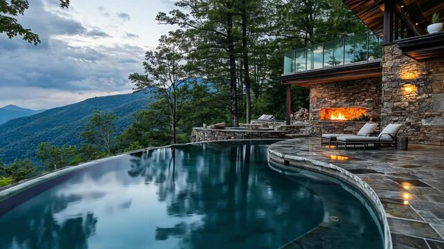 Mountaintop Pool and View:Luxury mountain home with infinity pool overlooking breathtaking panoramic mountain views at sunset, featuring a stone fireplace and comfortable lounge area.