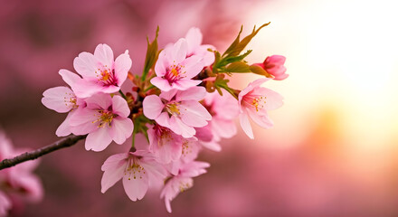 Fototapeta premium Fresh bright pink cherry blossom flowers on a tree branch in spring, sakura springtime season, isolated against a transparent background.
