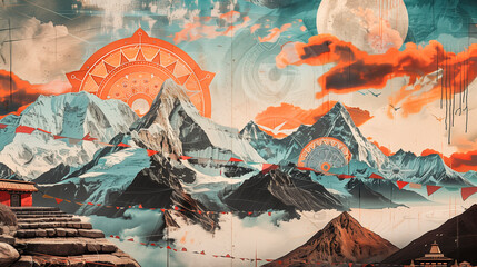 Mongolia collage: vast steppes, traditional ger tents, horse riders, eagle hunting, intricate felt patterns, nomadic lifestyle elements, earthy and sky blue tones